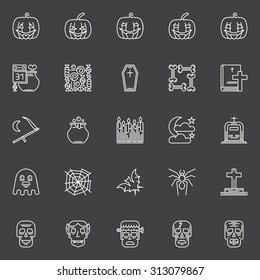 Halloween icons set - vector set of outline pumpkins, skulls and other halloween symbols in thin line style on dark background