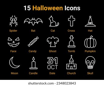 Halloween icons, set of vector signs and symbols, Halloween celebration icons, shapes, symbols on a black background.