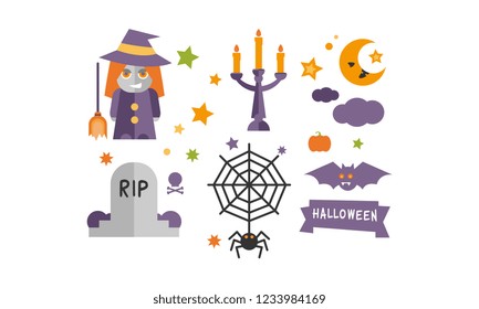 Halloween icons set, witch, candlestick with burning candles, cobweb and spider, gravestone, bat vector Illustration