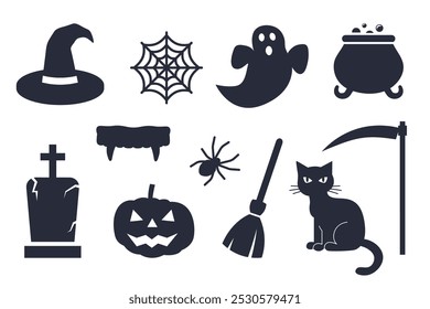 Halloween icons set: witch hat, spiderweb, ghost, boiling pot, grave, vampire fangs, Jack-o’-lantern, broom, cat and scythe- vector illustration