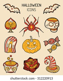 Halloween icons, signs. Vector illustrations of October 31 night. All Saints' Day elements collection.