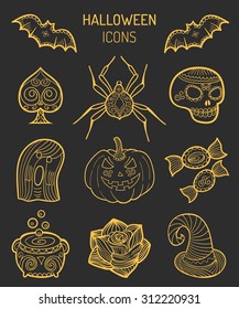 Halloween icons, signs. Vector illustrations of October 31 night. All Saints' Day elements collection.