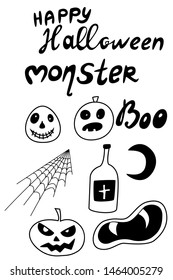 Halloween icons simple set. Creepy and funny jack face, bat, lettering, spider web.