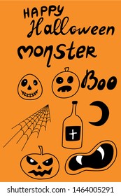 Halloween icons simple set. Creepy and funny jack face, bat, lettering, spider web.