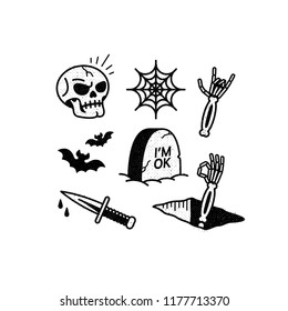 HALLOWEEN ICONS SKULL BATS SPIDERWEB TOMBSTONE DAGGER ROCK SIGN TEXTURE WHITE BACKGROUND