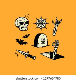 HALLOWEEN ICONS SKULL BATS TOMBSTONE DAGGER ROCK SIGN ORANGE BACKGROUND