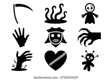 Ícones de Halloween criaturas assustadoras e objetos ceifador