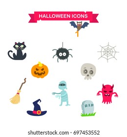 Halloween icons. Subjects cat, tavern, spider, skull, web, broom, hat, mummy, tombstone, daemon. Modern flat style vector illustration clipart.