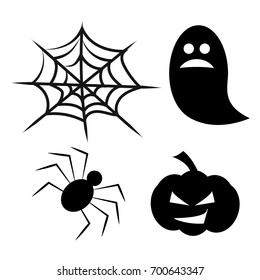 Halloween icons symbol vector illustrations on white background. Halloween clip-art with pumpkin, spider, web and ghost.
