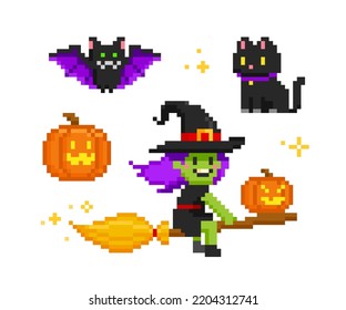 Halloween icons and symbols in retro 8-bit game style. Pixel art Happy halloween set. Witch, night cat, pumpkin. Pixel Bat on white background