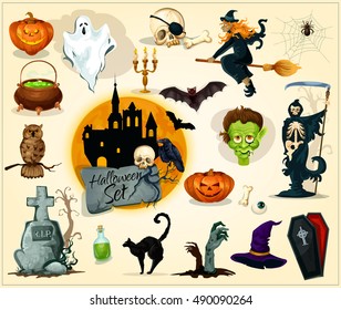 Halloween icons and symbols. Vector pumpkin candle lantern, witch broom, zombie, skeleton skull, coffin, gravestone with cross, cauldron, ghost, black cat, bats, owl, haunted house