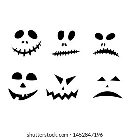 Halloween icons: thin monochrome icon set, black and white kit. Creepy and funny jack face, bat, lettering.