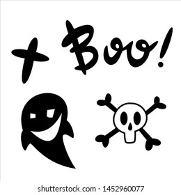 Halloween icons: thin monochrome icon set, black and white kit. Creepy and funny jack face, bat, lettering, spider web.