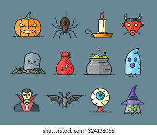 Halloween icons in trending minimal flat style with lines. Pumpkin, spider, candle and demon. Grave, candy bag, cauldron, and ghost. Vampire, bat, eye and witch.