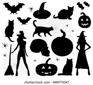 Halloween icons. Vector illustration, eps10. Halloween Silhouettes. Witch, pumpkin, black cat. Party.