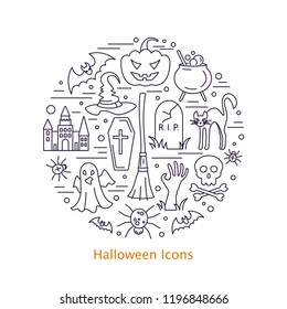 Halloween icons. Vector illustration in flat style.