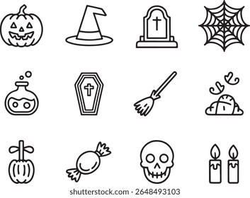 Ícones de Halloween Conjunto de ilustração vetorial Símbolos assustadores para desenhos festivos e celebrações Elementos gráficos assustadores