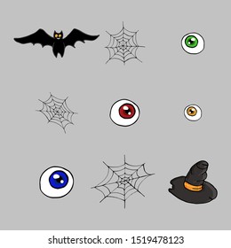 Halloween icons vector set. Cartoon style art. Horror design - bat with yellow eyes, spider web, single eyeballs with different colors, witch hat