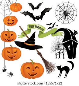 Halloween icons vector set. Holiday symbols pumpkin, bat, cat, hat, spider design elements for halloween decor.