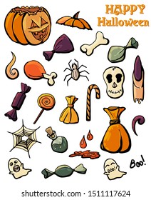 Halloween icons. Vintage texture effect. Happy Halloween. Cute vector ghosts icons, design set. Cartoon Halloween icon set. Vector illustration. Cartoon ghost characters - happy, surprised, scary.