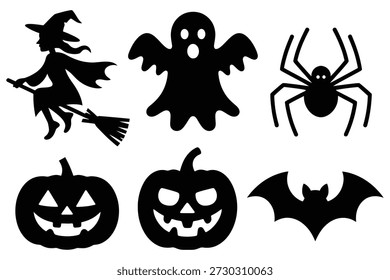 Halloween icons witch ghost spider pumpkins bat vector
