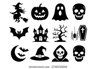 Iconos de Halloween bruja calabaza fantasma cráneo murciélago árbol del castillo araña ataúd luna grim reaper