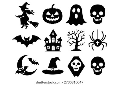 Halloween icons witch pumpkin ghost skull bat haunted house tree spider moon hat grim reaper