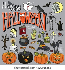 Halloween icons,text, elements set.Halloween isolated items: boiler,candy,cat,pumpkins,bats,web,moon,poison,hand,skeletal,tombstone,wing,Ghost,skull,book,spider, Raven,text. Doodle vector illustration