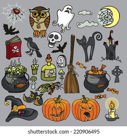 Halloween icons,Witch spooky elements set.Halloween isolated items: boiler,candy,cat,pumpkin,bats,web,broom,Ghost,skull,book,spider, Raven,text. Cartoon vector illustration