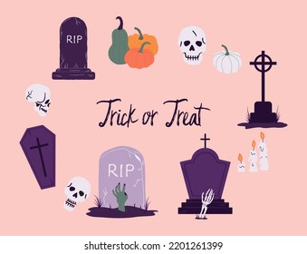 Halloween illustrated set of assets that include pumpkins, gravestones, candles and skulls