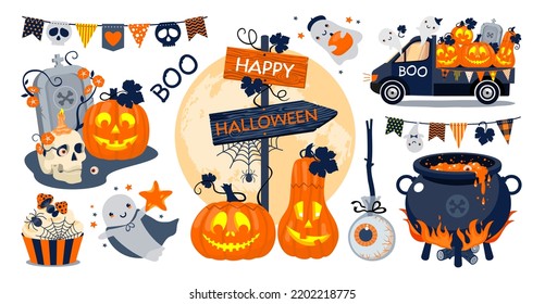 Halloween illustrated set vector elements  Pumpkins  witch's potion in cauldron  haunted car  full moon  skull and candle 