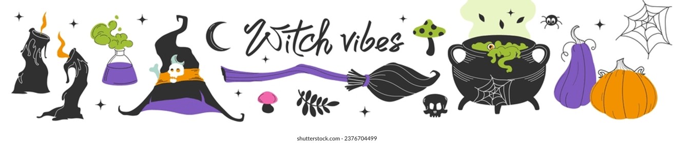 Halloween illustrated set of vector elements. Horizontal banner. Witch vibes lettering. Items of the sorceress, cauldron with potion, pumpkins, candles, spider, broom, skull. Elements of magic.