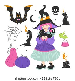 Halloween illustrated set of vector elements. Little cute witch with black cat. Items of the sorceress, cauldron with potion, pumpkins, candles, spider, broom, skull. Elements of magic.