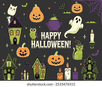 Halloween illustrated set of vector elements. Cartoon stickers with black cat in witch hat, pumpkins, candle, ghost, creepy house, owl.