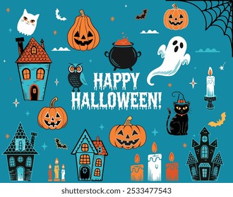 Halloween illustrated set of vector elements. Cartoon stickers with black cat in witch hat, pumpkins, candle, ghost, creepy house, owl.