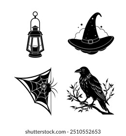 Halloween illustration  4 set vector graphics and silhouette