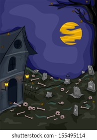 Halloween Illustration of an Abandoned Graveyard with Skulls and Bones Lying Around
