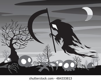 Halloween illustration Angel of Death silhouette with moon night scene