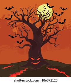 Halloween illustration with angry tree.