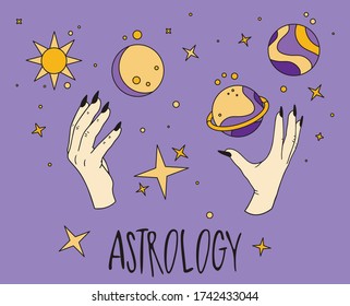 Ilustración de Halloween. Previsión astrológica, horoscopio, planetas, estrellas, signos zodiacos, íconos para astrólogo, adiveteller, bruja, mano femenina con uñas negras, magia, ocultismo, predicción 