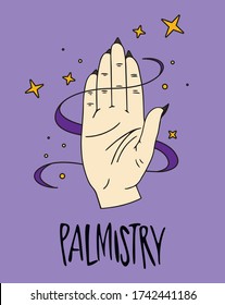 Halloween illustration. Astrological forecast, horoscope, palmistry, stars, icons for chiromancy, fortuneteller, witch, female hand with black nails, magic, occultism, prediction 