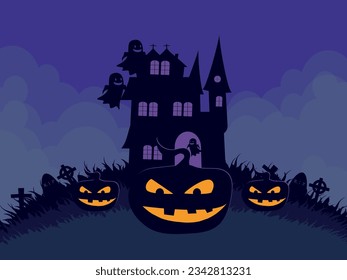 Halloween illustration background with pumpkins and night full moon
