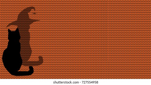 halloween illustration or banner with black silhouettes of cat and his shadow in witch hat on knitted orange background.