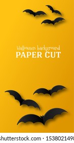 Halloween illustration, banner, poster. Design in the style of paper cut, art. Black bat on an orange background. Place for text.