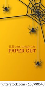 Halloween illustration, banner, poster, Design in the style of paper cut, art. Black spiders and cobwebs on an orange background. Place for text.