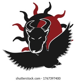 Halloween illustration - bat on a background of red sun. Cartoon silhouette of a vampire, comic style.