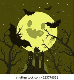 Halloween illustration. Bats flying in the night with a full moon on dark green background.