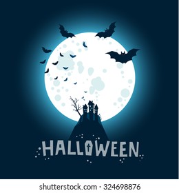 Halloween illustration. Bats flying in the night with a full moon on dark blue background.