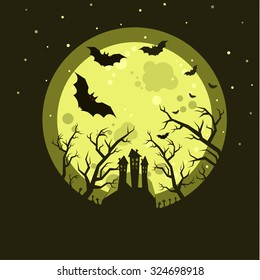 Halloween illustration. Bats flying in the night with a full moon on dark green background.