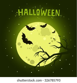 Halloween illustration. Bats flying in the night with a full moon on dark green background.